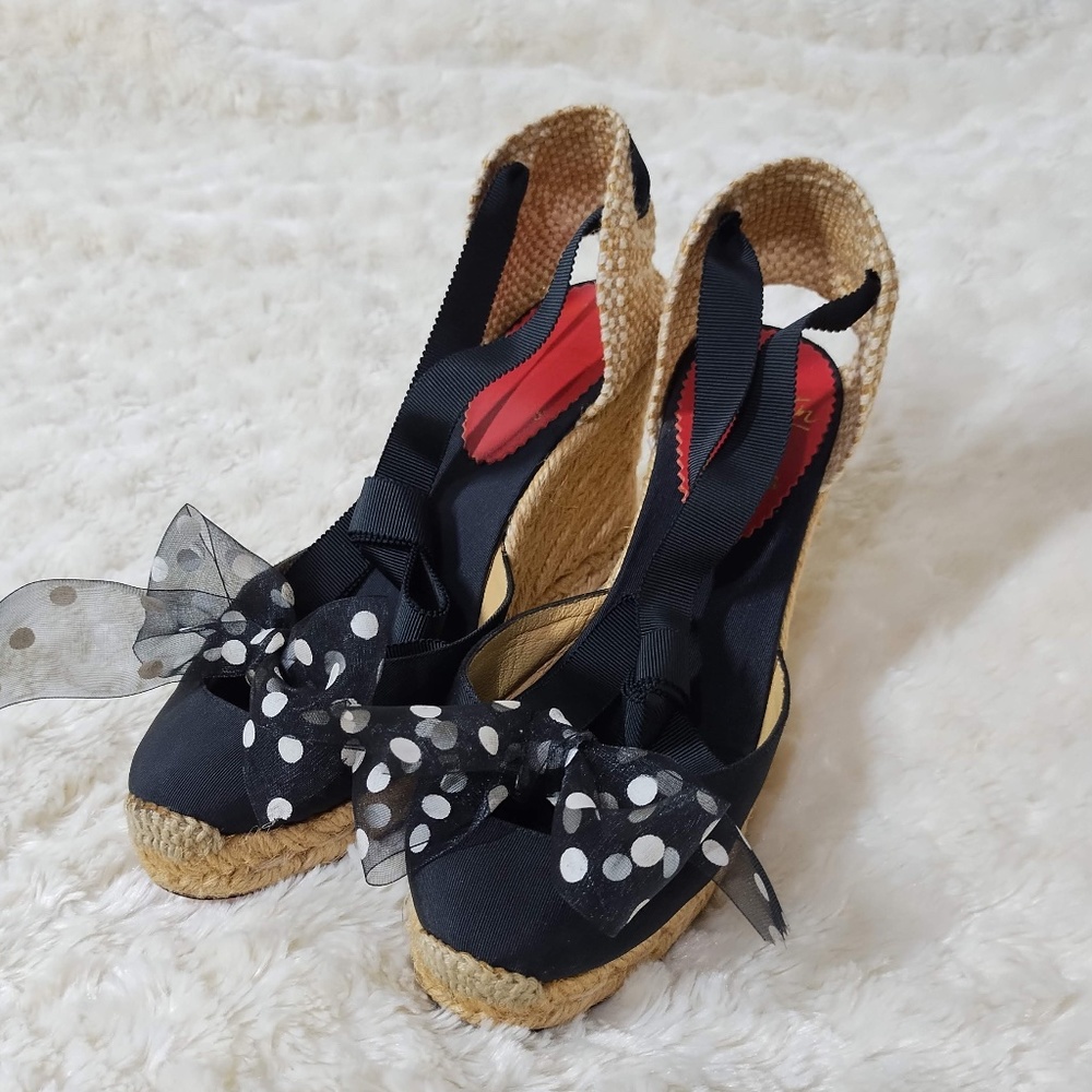 Christian Louboutin Black Espadrille Wedges with Polka Dot Bow and Red Insole